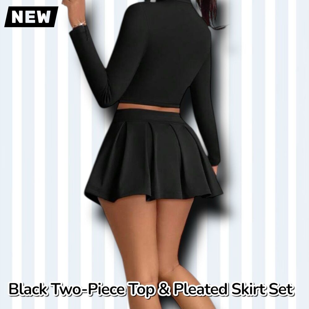 New Black Two-Piece Zip-Up Crop Top & Pleated Skirt Set Medium - Picture 4 of 7